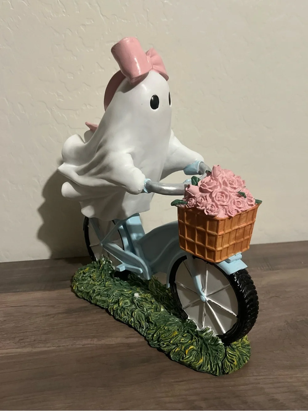 Girl Ghost on Blue Bike with Pink Bow & Basket of Flowers Figurine Halloween